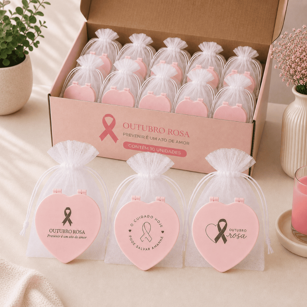 Kit 10 Lembrancinhas Outubro Rosa Espelho de Coração Com Saquinho de ...