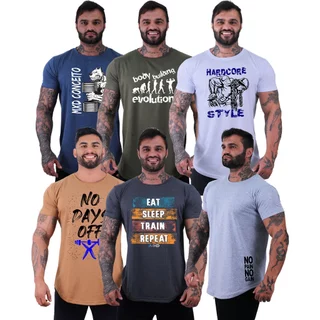 Kit 6 Camisetas Longline Fio 30.1 Algodão MXD Conceito Moda Manga Curta Musculação Treino Estampas