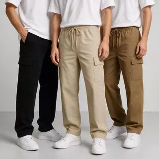Calça Cargo Masculina Sarja Streetwear Oversized Larga Baggy Elástico e Cordão 6 Bolsos P ao GG 3 Cores