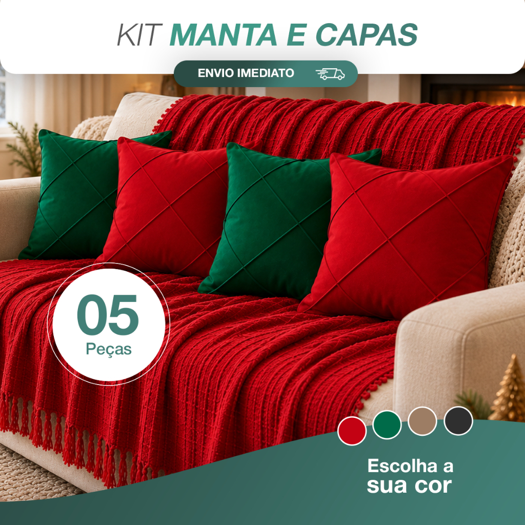 Kit Manta Decorativa + 4 Capas de Almofada Suede Decoração Natalina