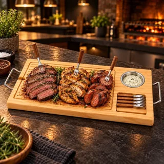 Tábua De Churrasco De Madeira Com Alça Molheira e 6 Garfinhos Para Petiscar Carnes Frios Gourmet