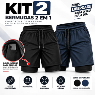 Kit 2 Shorts 2 Em 1 Masculino Dry Fit Compressão Interna Bolso Celular Academia Corrida Treinos Ao Ar Livre