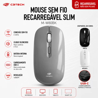 Mouse Sem Fio Recarregável Branco Slim Bateria500mAh interna Longa Duração Carregamento USB-C 1600dpi M-W80 C3Tech