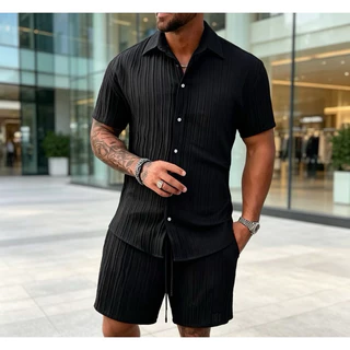 Conjunto Masculino Camisa Manga Curta + Short, Textura Vertical, Roupa Casual Elegante de Verão