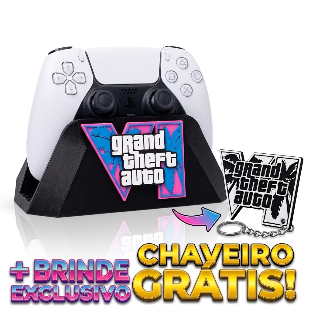 Suporte Porta Controle GTA 6 / GTA VI para PS5 DualSense e Xbox Series X/S/One – Base Gamer Decoração Setup 3D + Brinde