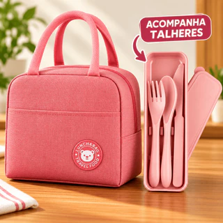 Kit Bolsa Térmica Com Alça Para Marmita Lancheira Viagem + Porta Estojo Talher Feminina Masculina