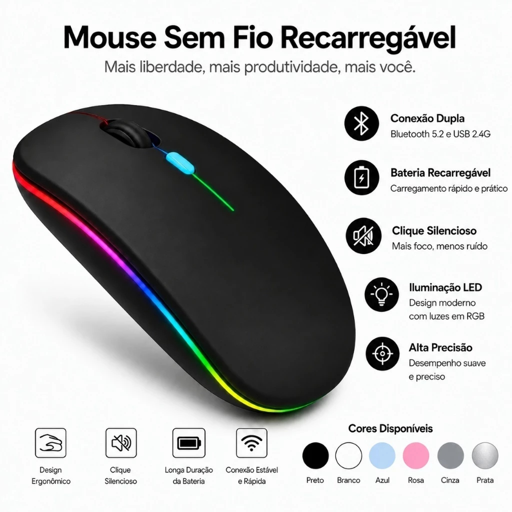 Mouse Sem Fio Recarregável Wireless LED RGB Silencioso Ergonômico PC ...