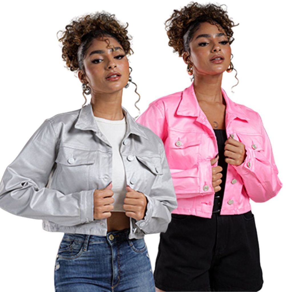 Jaqueta Cropped Sarja Resinada Cores Manga Longa Com Elastano