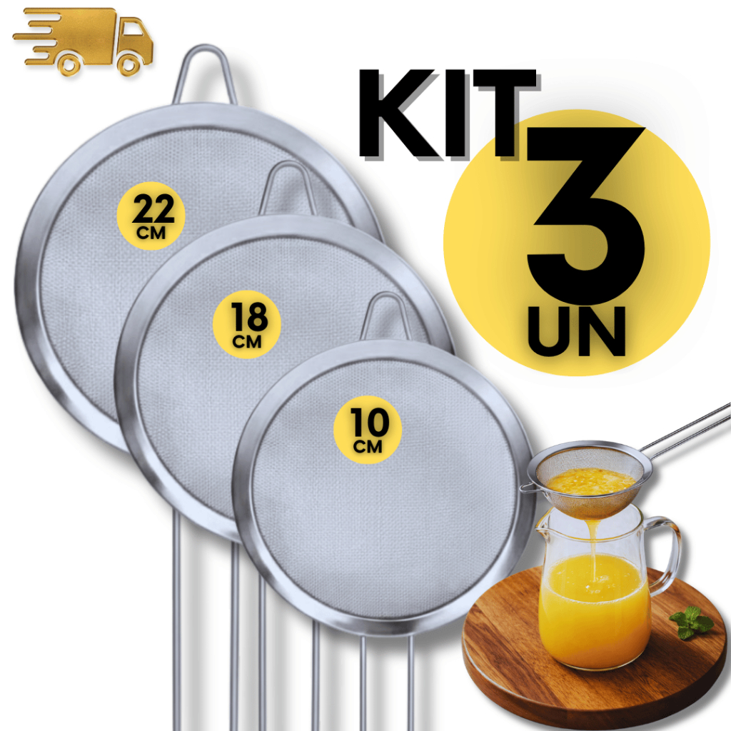 Utensílios 3 Peneiras Aço Inox 10/18/22cm Coador Farinha Suc