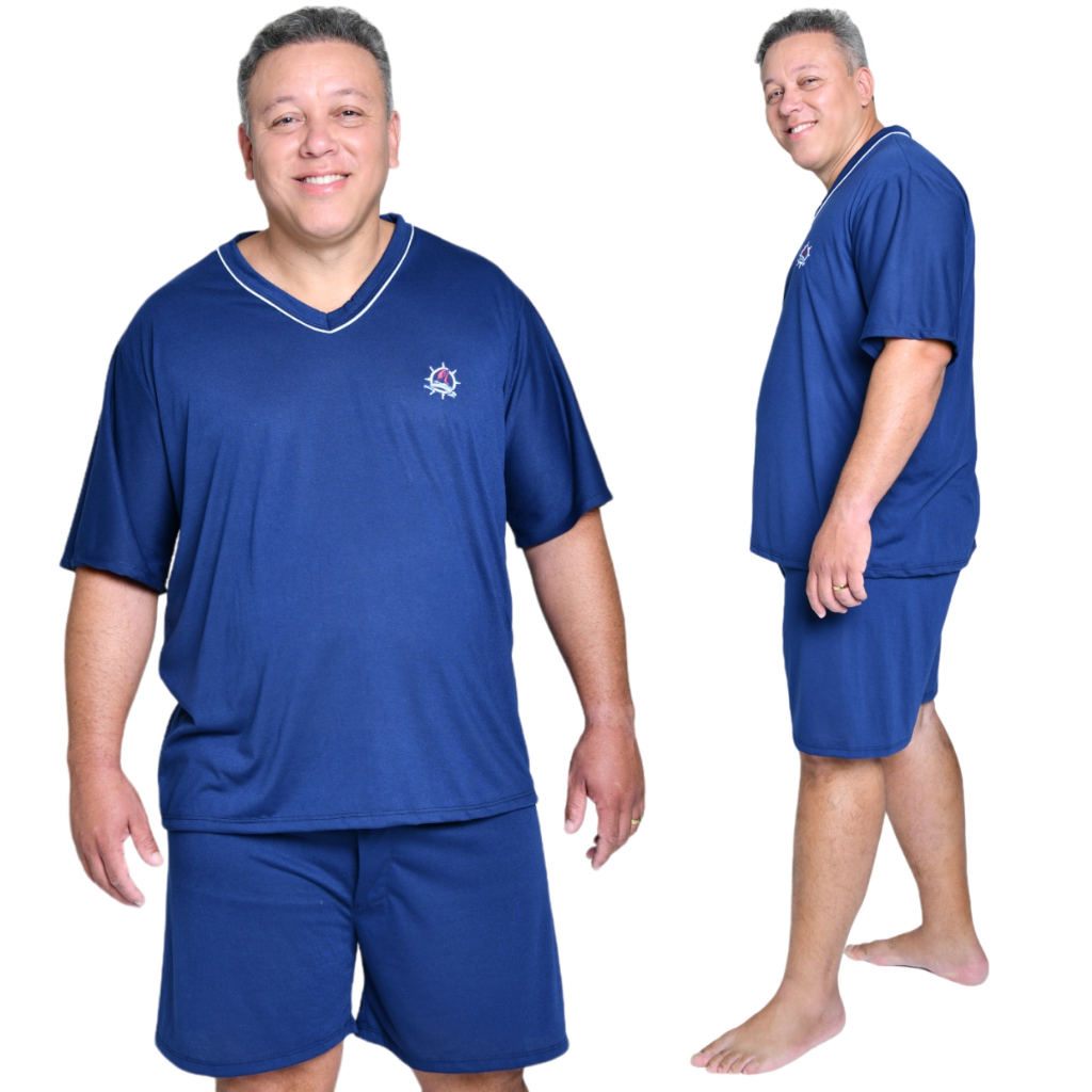 Pijama Curto Masculino Adulto Verão Tamanho P ao G3 Manga Curta Shorts Malha PV Plus Size em Oferta na Shopee