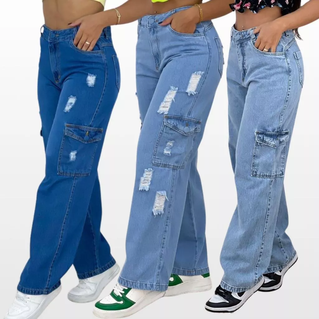 Calça Cargo Jeans Feminina Folgada