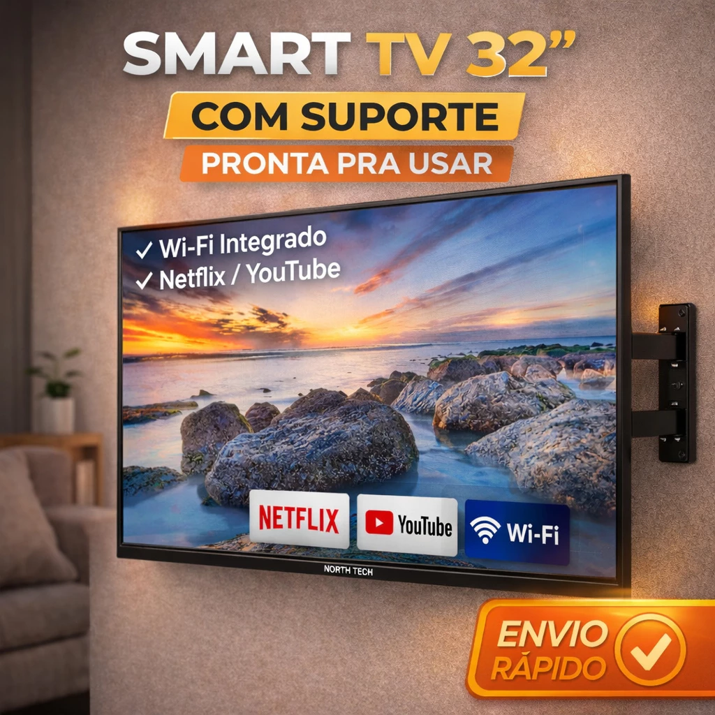 Smart TV 32 North Tech WiFi Bluetooth Netflix YouTube HDMI Tela Fina com Suporte de Parede Universal