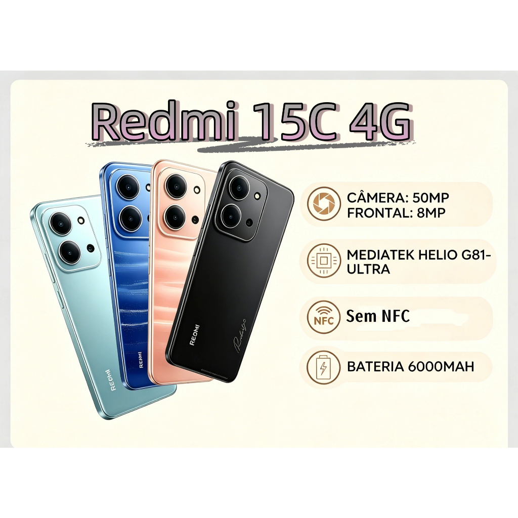 Celular Redmi 15C 4G 256GB/8GB Câmera 50MP Bateria 6000mAh Proteção ...