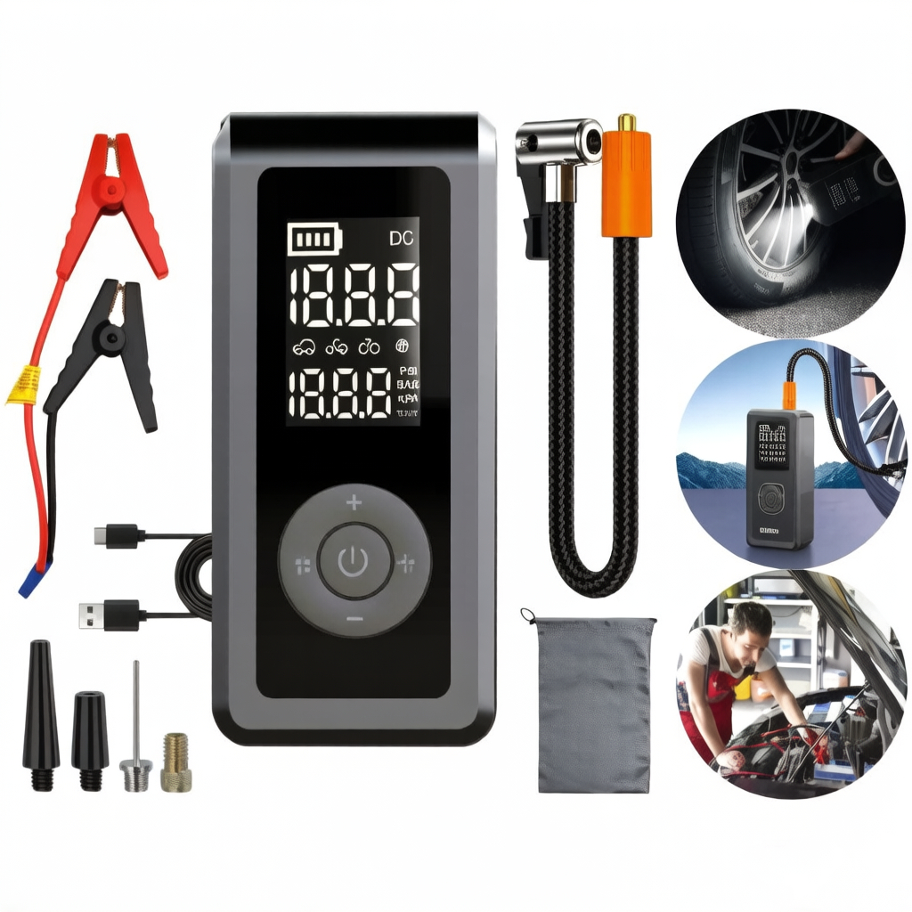 Bomba de Ar Portatil Compressor Inflator Multi-função 4 em 1 PowerBank 8kmah Bateria Calibrador de Carro Auto Pneu