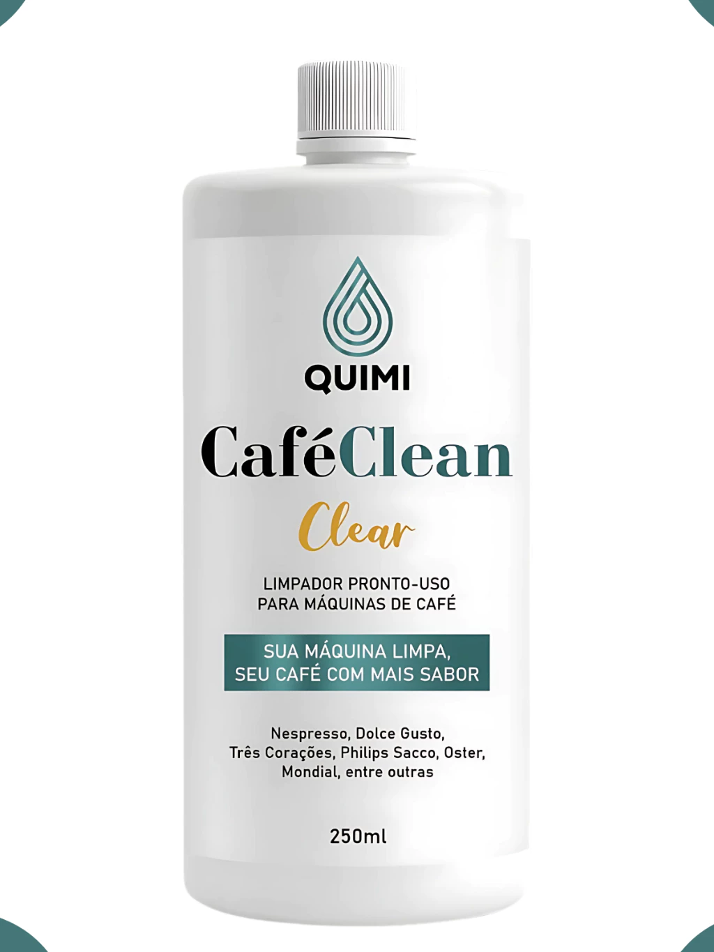 Close-up of the Quimi CaféClean Clear bottle with a Philips Sacco coffee machine and a cup of cappuccino in the background