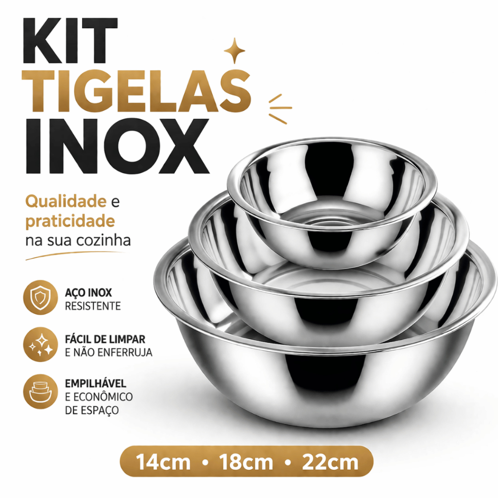 Kit 3 Tigelas Inox Bowl Cozinha Saladeira Misturador Multius