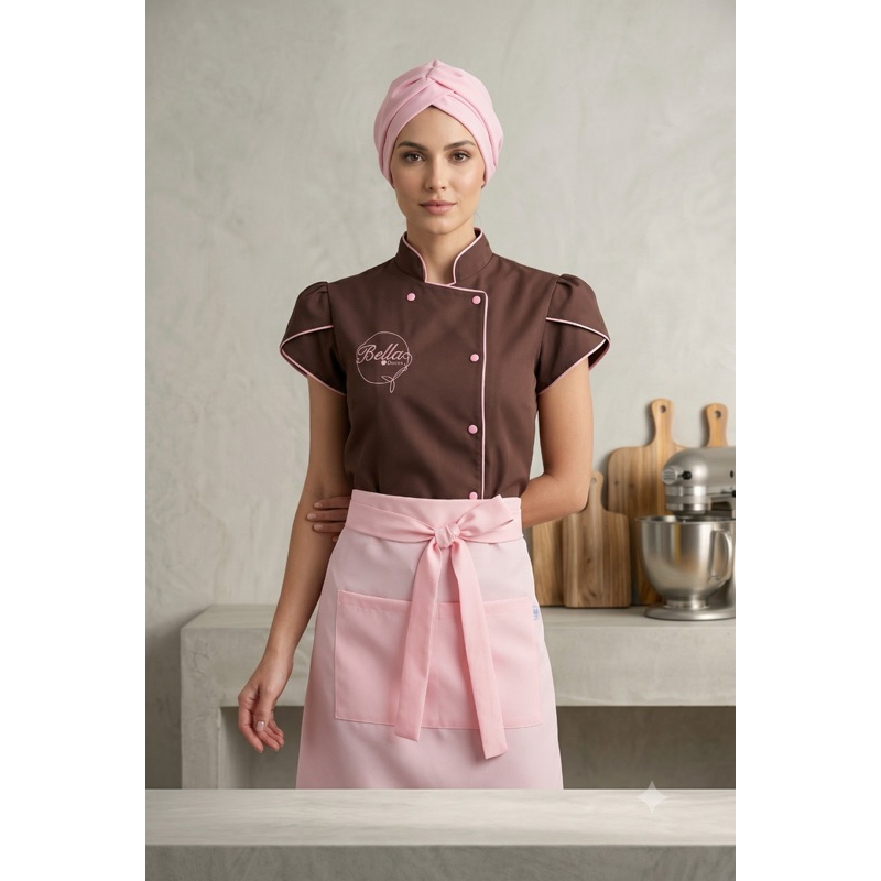 Kit Dolmã Avental Faixa Chef Confeiteira Cozinha Gabardine O
