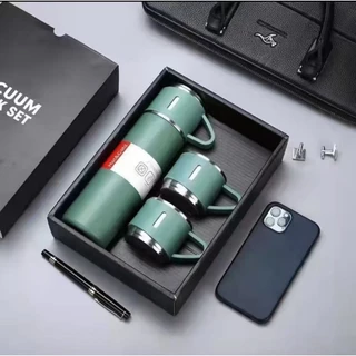 caneca Kit Garrafa Térmica Vacuum Bottle Inox 500ml + 3 Xícaras Bebidas Fria ou Quente