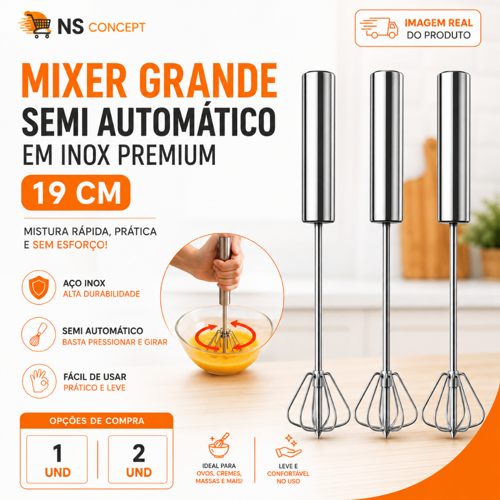 Mixer Semi Automático Inox Premium 19cm – Batedor Manual Gir