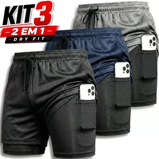 Kit 3 Shorts 2 em 1 Dryfit Masculino Academia Corrida Treino Bermuda comprime Seca Rápida Confortável Fitnes