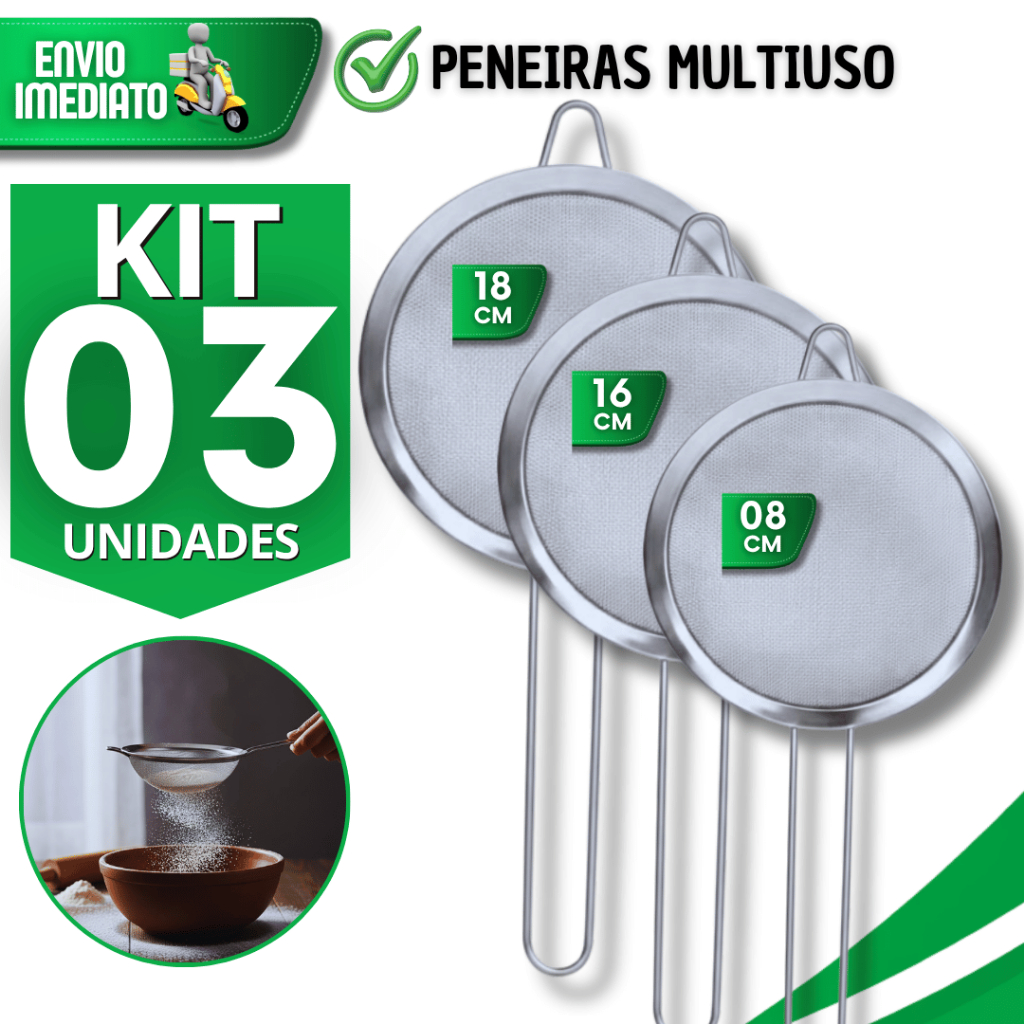 Jogo Peneiras Aço Inox Coador Farinha Suco Confeitaria 18/16
