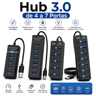 Hub Cabo USB 3.0 Adaptador 4 e 7 Portas Alta Velocidade Notebook PC Teclado 5Gbps Speed Pen Drive