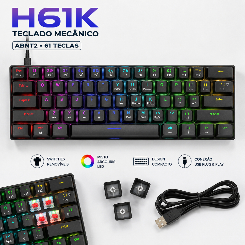 Teclado mecânico 60% ABNT2 Gamer Switche Red/Blue Hot-Swap com Fio