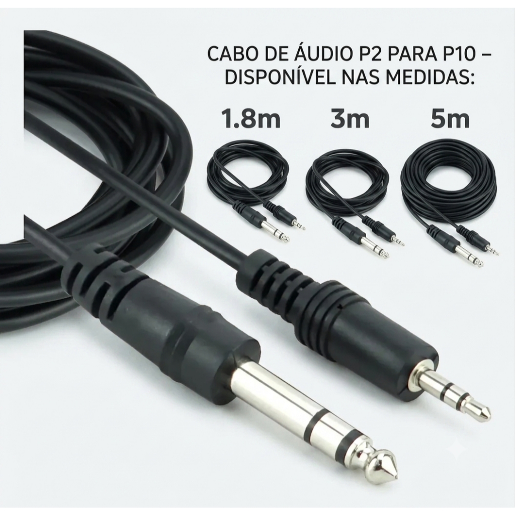Cabo P2 para P10 Estéreo Profissional 1,8m/3m/5m Mesa de Som Microfone Caixa Guitarra Violão