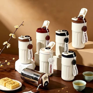 Copo Térmico Cafe Inox Portátil com tampa,450ml Com LED Temperatura Antivazamento—