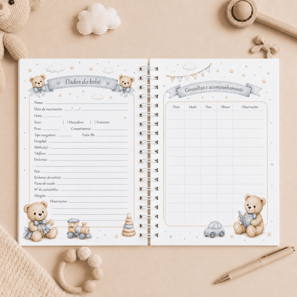 Caderneta de Vacinação do bebê Personalizada com Nome - Ursinho Azul Menino