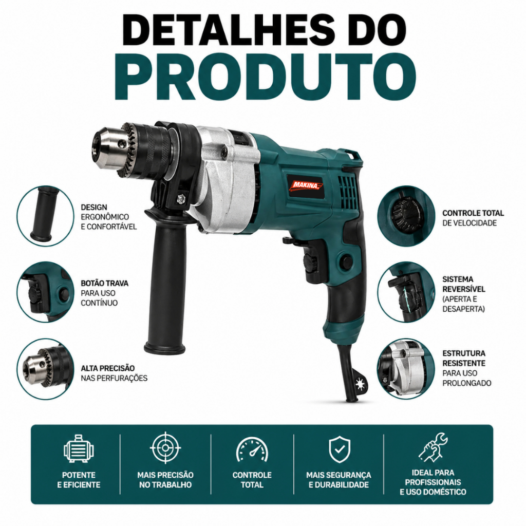 Furadeira De Impacto Com Auto Reverso 13mm 1100w Nk6013 Makina