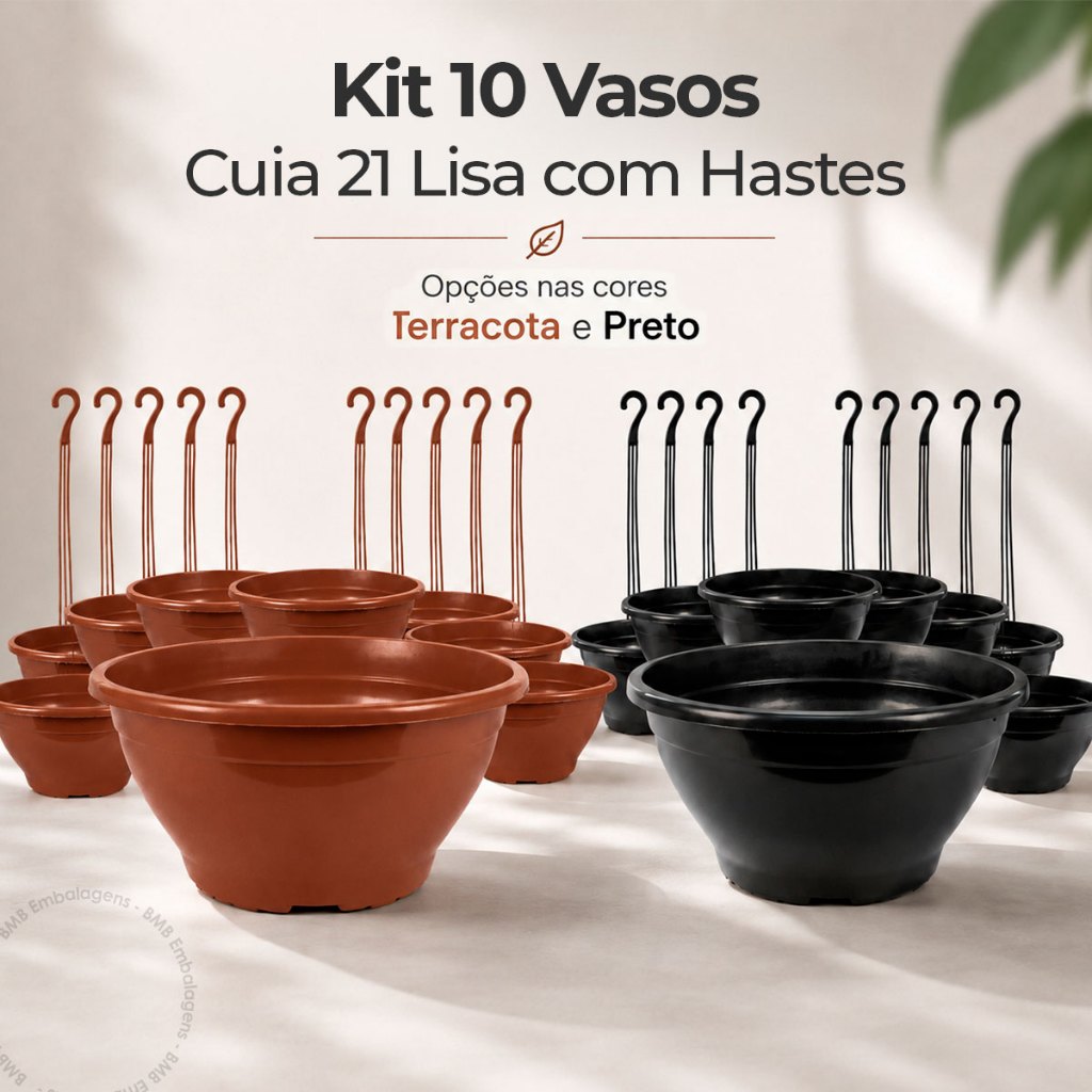 Kit 10 Vaso Cuia 21 Lisa + Haste 43cm Acabamento Qualidade Premium Resistente Pendurar Samambaia Rosa do Deserto Flor