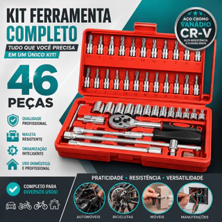 Kit Ferramenta 46 Peças - Completo -Catraca Soquete e Chave Allen - CH