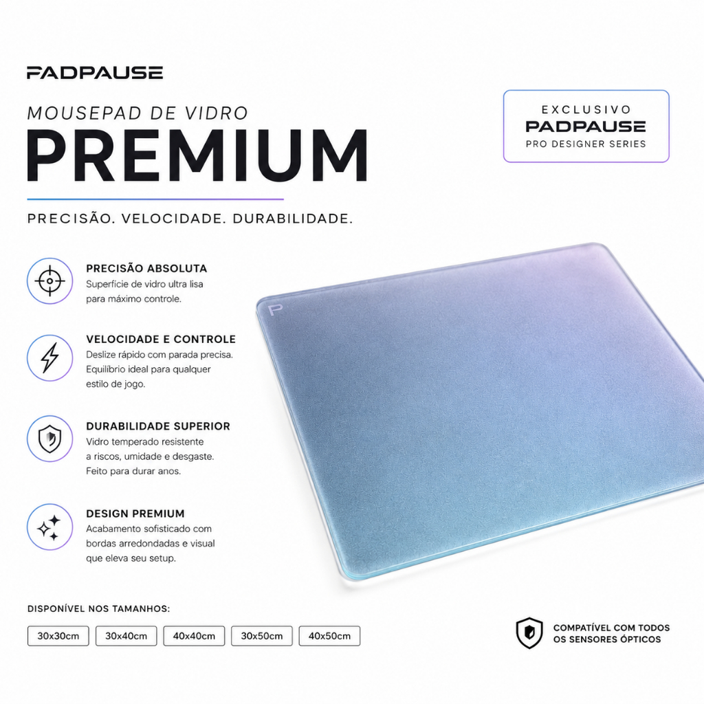 Mouse pad de vidro PAD PAUSE 2.0 SILK GLIDE profissional 30x30, 30x40 ...