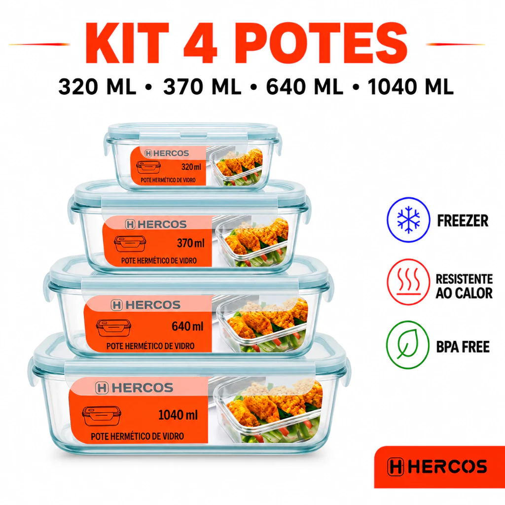 Kit Potes Herméticos De Vidro Tampa Trava Marmita Fitness Microondas Freezer Sem BPA Hercos