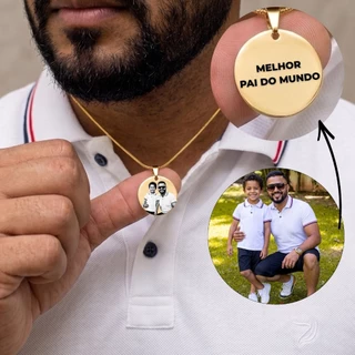 [SEMI JOIA] Colar Masculino Presente Dia Dos Pais Foto Gravação 60cm Personalizado 15mm Banho Ouro 18k Acessórios