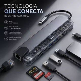 Hub USB Tipo C 8 Em 1 Multiporta HDMI 4K RJ45 Leitor SD TF Adaptador Para Notebook e Computador Pessoal