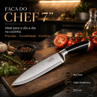 Faca do Chef Profissional Casita 7” Aço Inox 31,5 cm Cabo Emborrachado para Carnes Legumes Frutas Cozinha e Churrasco