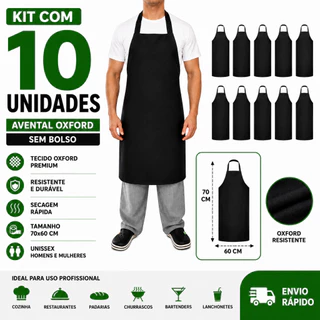 Kit 10 Avental De Frente Oxford Profissional Restaurante Cor:Preto