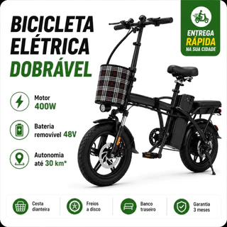 Bicicleta Elétrica Dobrável 400W 48V com Bateria Removível, Cesta Dianteira, Banco Traseiro e Freios a Disco