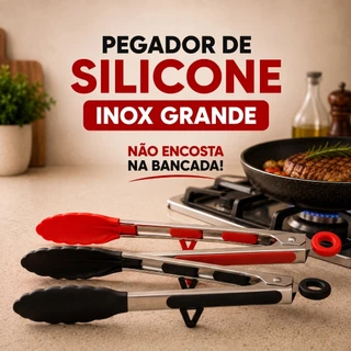 Pegador Inox com Silicone 34cm Multiuso Grande Para Churrasco Salada Resistente ao Calor ENVIO IMEDIATO