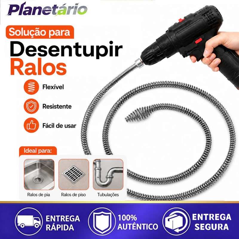 Desentupidor Rotativo Adaptador p/ Furadeira Mola de Aço Ralo Pia Banheiro Cozinha Quintal Cano Calha