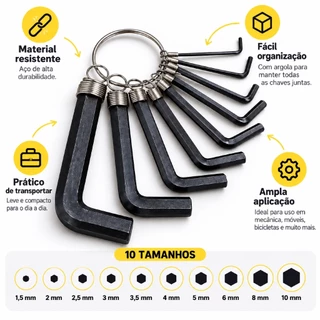 Jogo Chave Allen Hexagonal 10 Peças 1,5 a 10 mm Aço Resistente Manutenção
