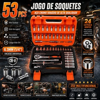 Envio Brasil | Kit Ferramentas 53 Peças Chave Catraca Soquete Bits Maleta Portátil Reparo Auto Oficina Resistente