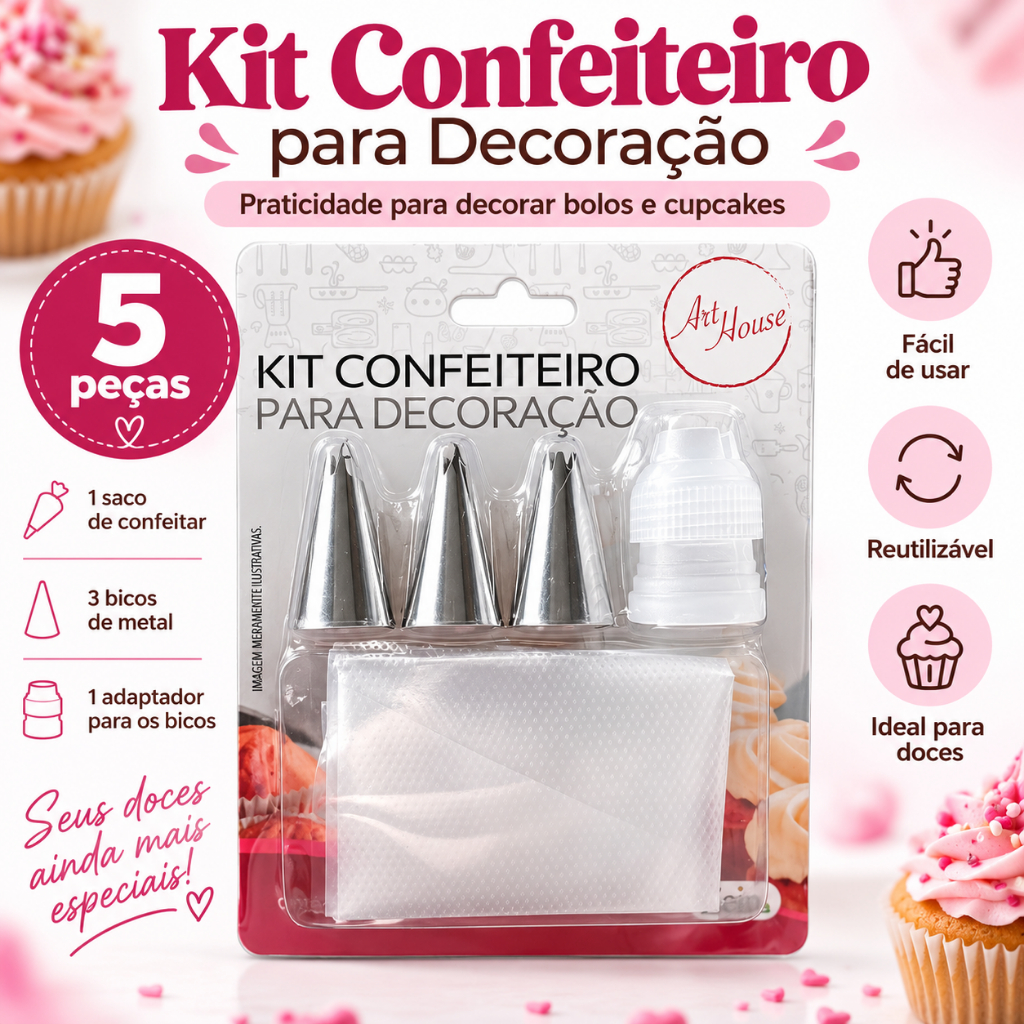 Kit Confeiteiro Art House 5 Peças com Saco, 3 Bicos Metálicos e Adaptador para Decorar Bolos e Cupcakes