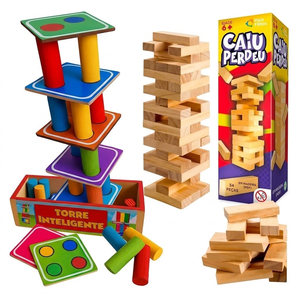 Jogos Educativos Madeira: Caiu Perdeu 54 Peças + Torre Inteligente ...