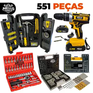 Kit Ferramentas 551 Peças + Parafusadeira 21V Sem Fio Completa + Jogo de Brocas Bits Soquetes 46 Peças Profissional