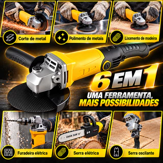 Esmerilhadeira Angular 6 em 1 950W 125mm Furadeira Politriz Serra 11000RPM 6 Velocidades Eixo M10