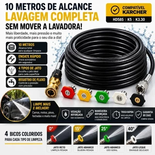 Mangueira para lavadora 10m lava jato com registro engate rápido e 5 bicos coloridos