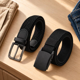 Kit 2 Cintos Masculinos Preto 120cm Nylon sem fivela metal e Trançado Elástico fivela metal social